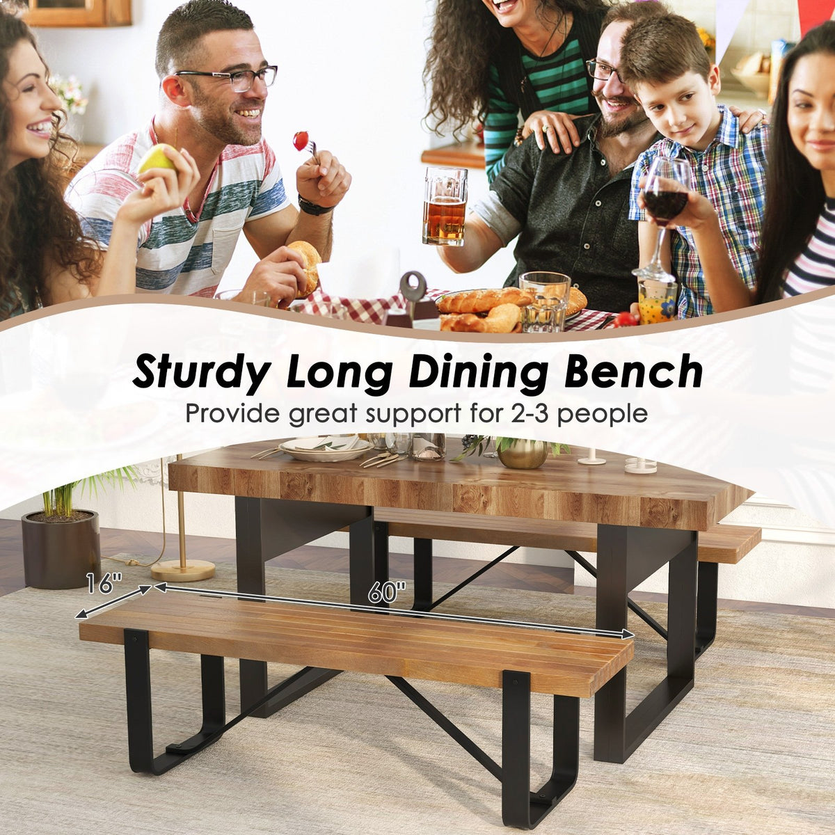 60 Inch Entryway Bench Rustic Farmhouse Wooden Shoe Rack with Metal Frame-Natural view 9