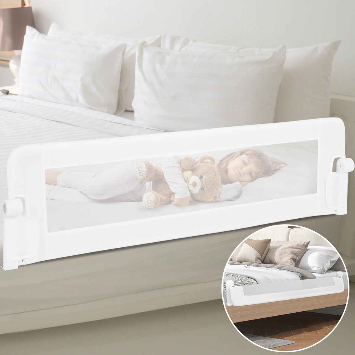 60-Inch Foldable Bed Rail Swing Down Baby Bed Guard Rail with Adjustable Safety Strap-White view 5