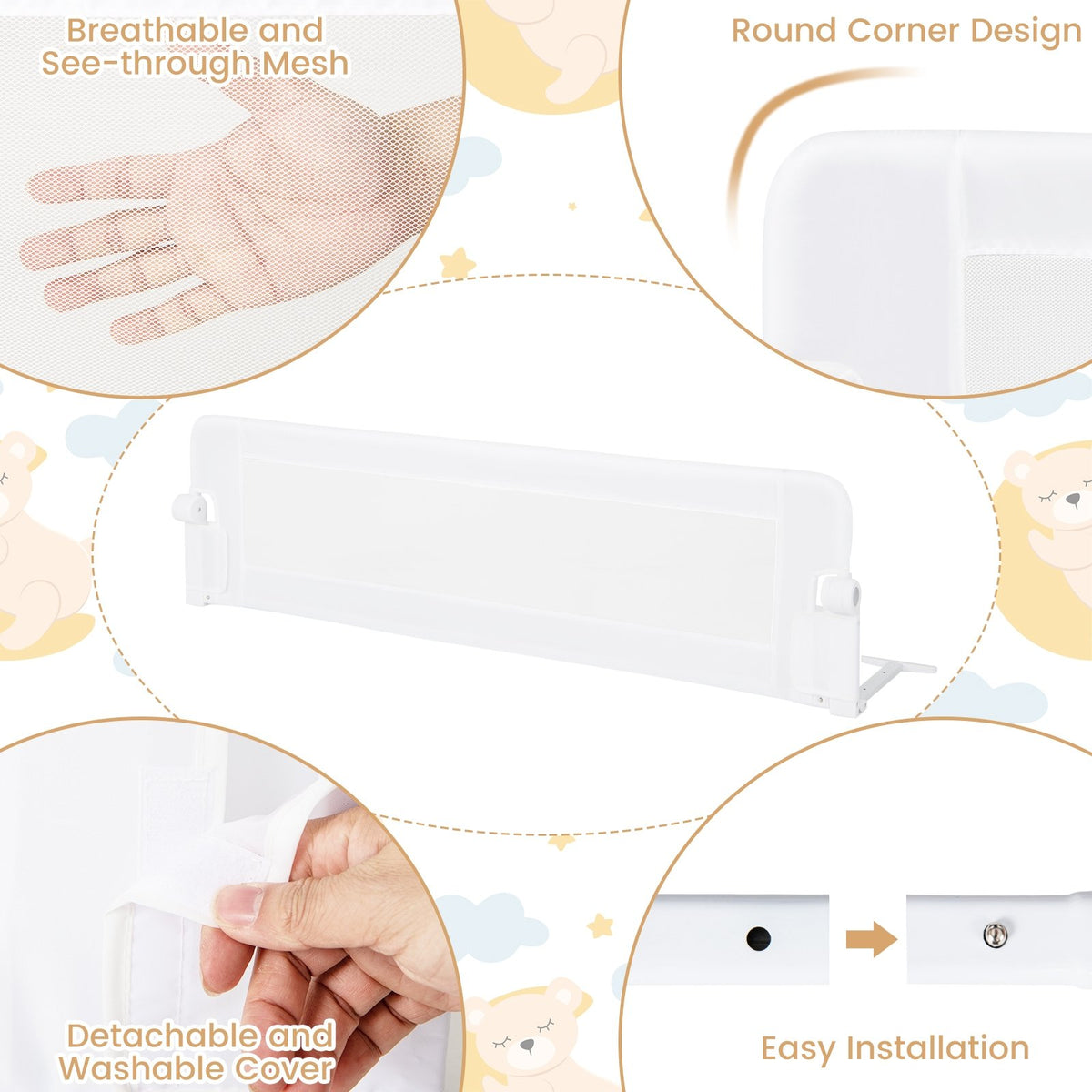 60-Inch Foldable Bed Rail Swing Down Baby Bed Guard Rail with Adjustable Safety Strap-White view 6