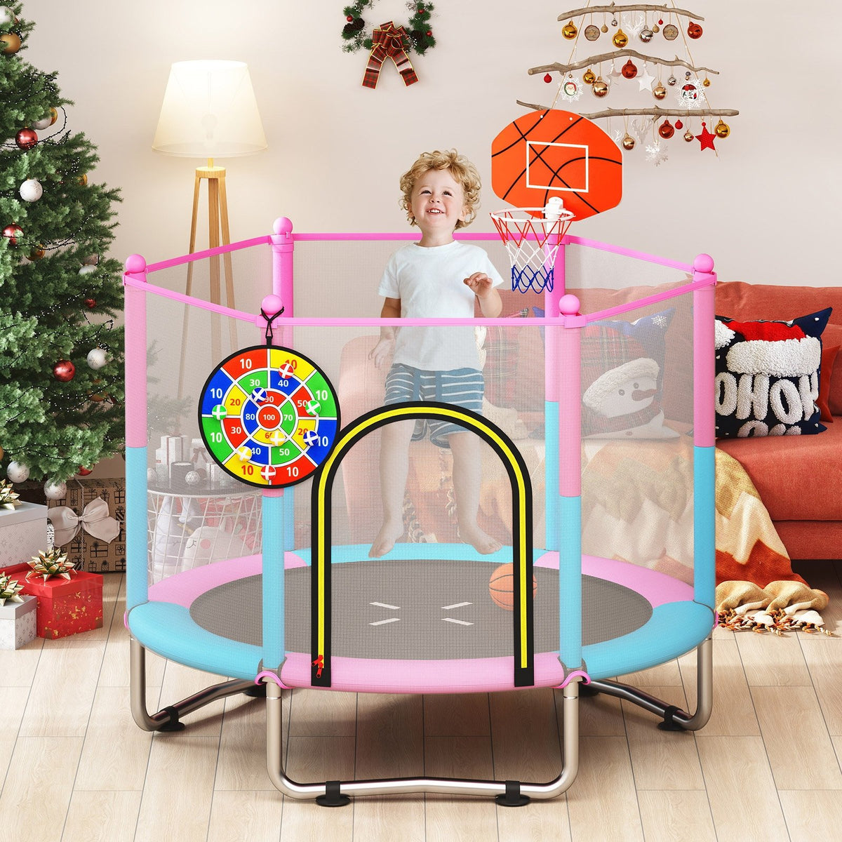 60 inch Kids Trampoline Toddler Recreational Trampoline with Basketball Hoop-Macaron view 2