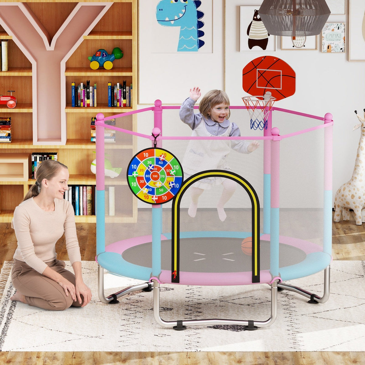 60 inch Kids Trampoline Toddler Recreational Trampoline with Basketball Hoop-Macaron view 3