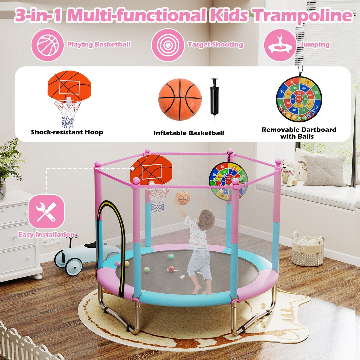 60 inch Kids Trampoline Toddler Recreational Trampoline with Basketball Hoop-Macaron view 8
