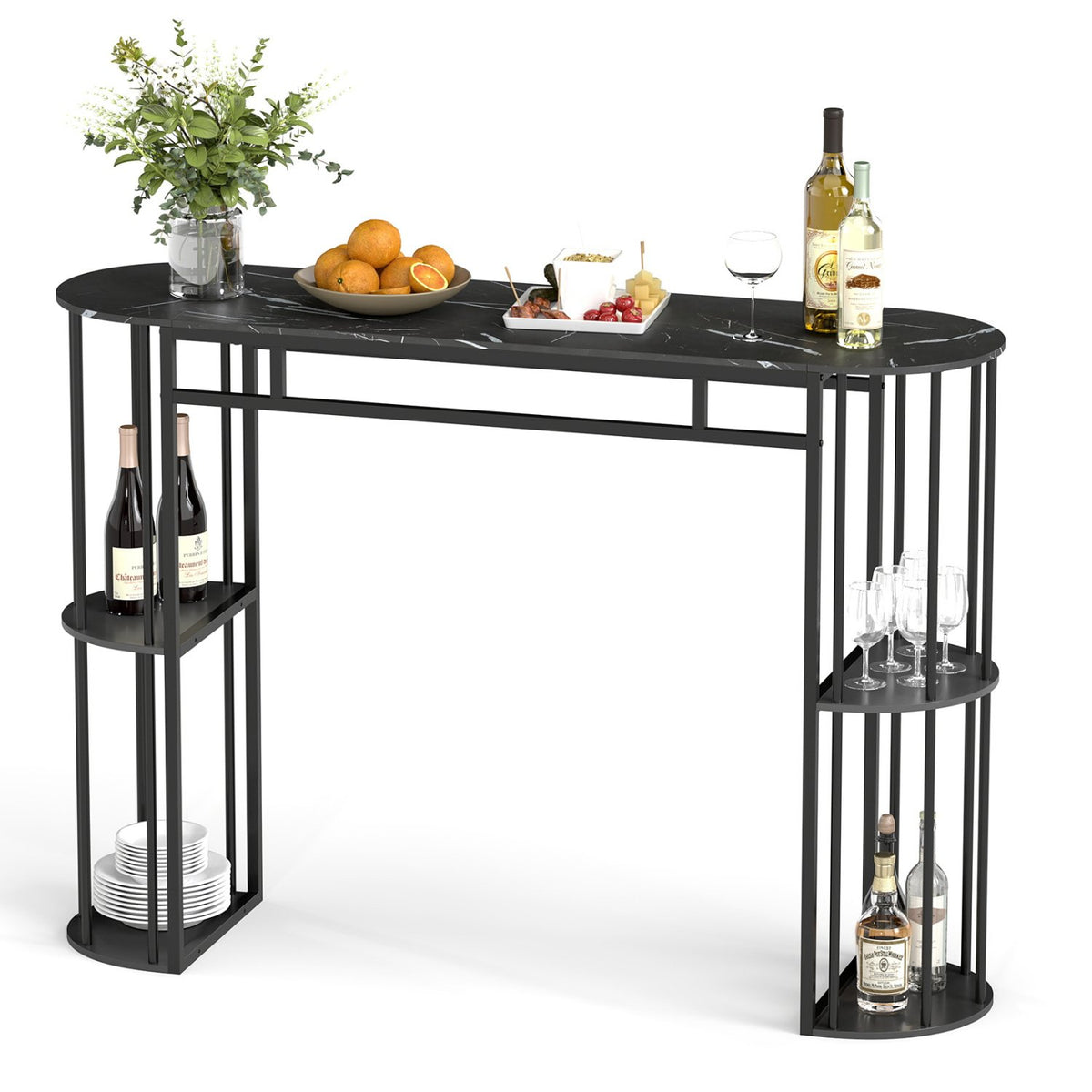 60 Inch Long Bar Table Narrow with Faux Marble Tabletop and Storage Shelves-Black