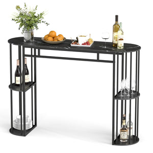 60 Inch Long Bar Table Narrow with Faux Marble Tabletop and Storage Shelves-Black