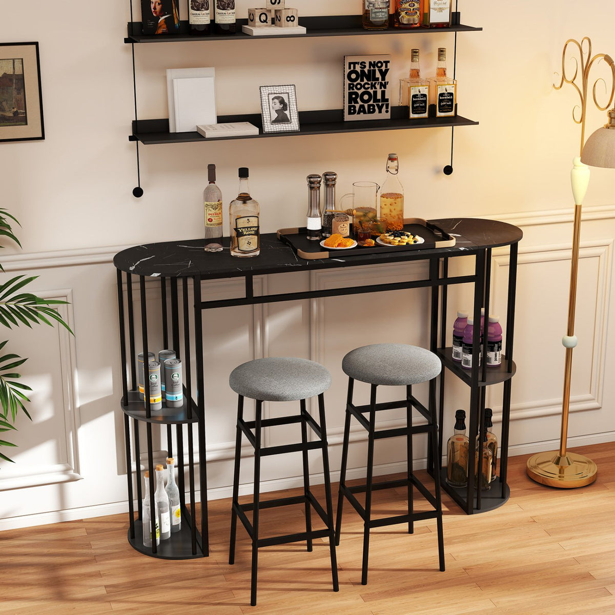 60 Inch Long Bar Table Narrow with Faux Marble Tabletop and Storage Shelves-Black view 2