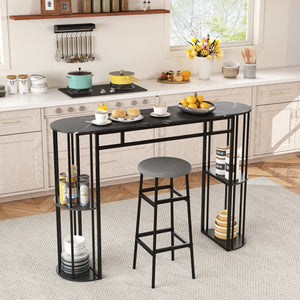 60 Inch Long Bar Table Narrow with Faux Marble Tabletop and Storage Shelves-Black view 3