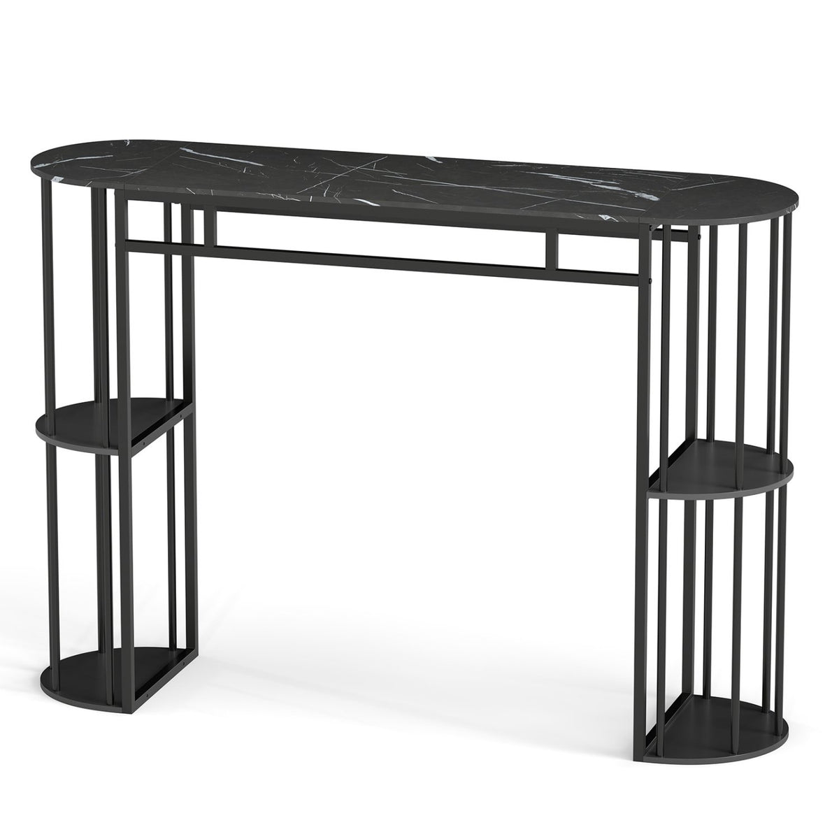 60 Inch Long Bar Table Narrow with Faux Marble Tabletop and Storage Shelves-Black view 4