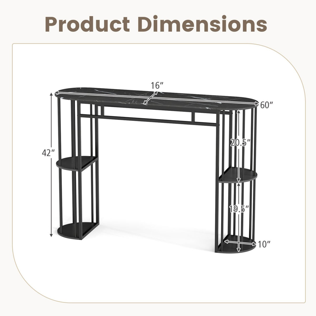 60 Inch Long Bar Table Narrow with Faux Marble Tabletop and Storage Shelves-Black view 5