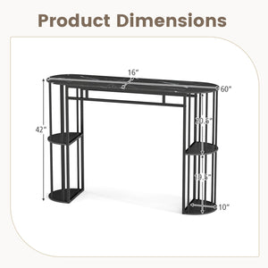 60 Inch Long Bar Table Narrow with Faux Marble Tabletop and Storage Shelves-Black view 5