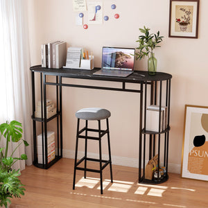 60 Inch Long Bar Table Narrow with Faux Marble Tabletop and Storage Shelves-Black view 6