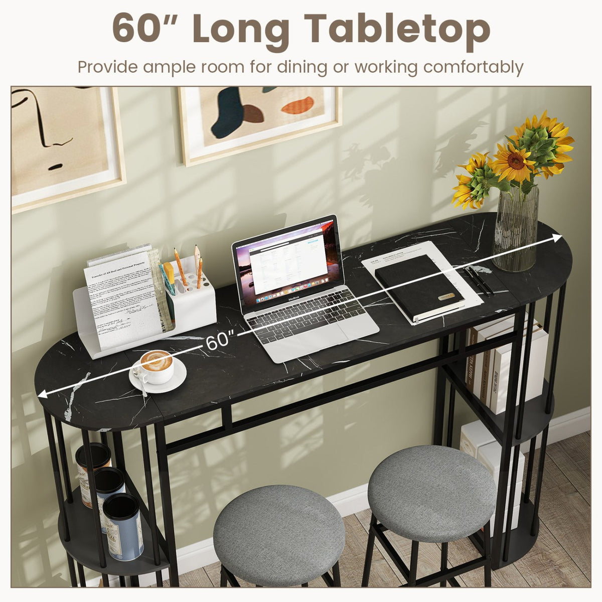 60 Inch Long Bar Table Narrow with Faux Marble Tabletop and Storage Shelves-Black view 7