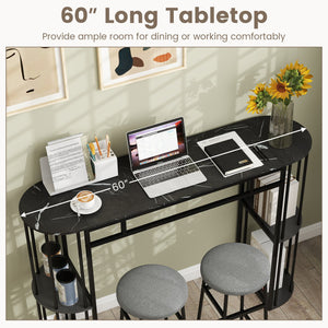 60 Inch Long Bar Table Narrow with Faux Marble Tabletop and Storage Shelves-Black view 7