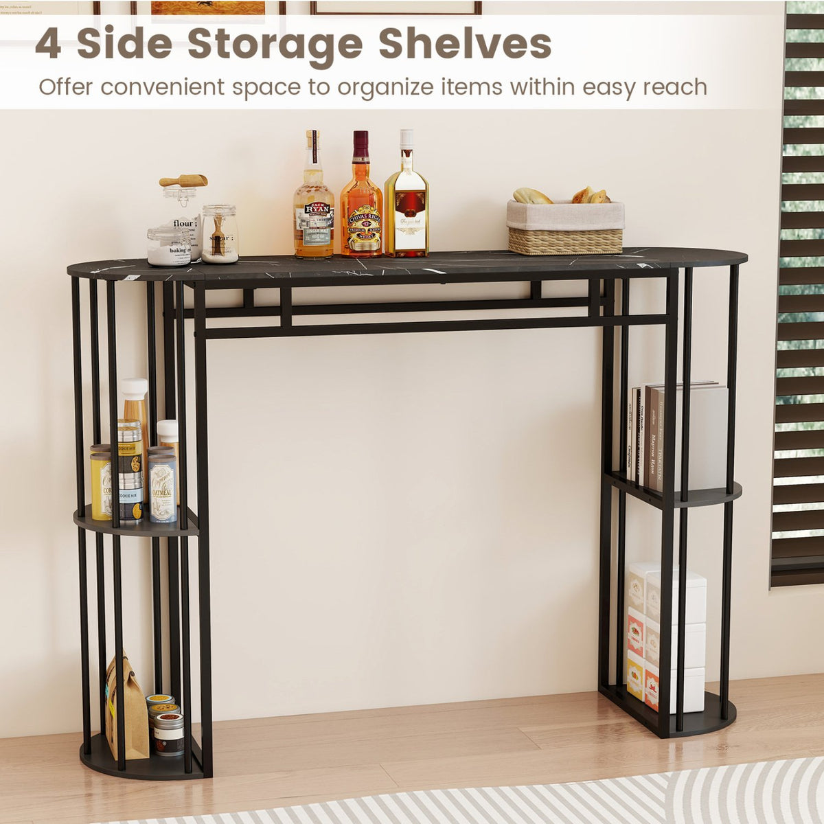 60 Inch Long Bar Table Narrow with Faux Marble Tabletop and Storage Shelves-Black view 8
