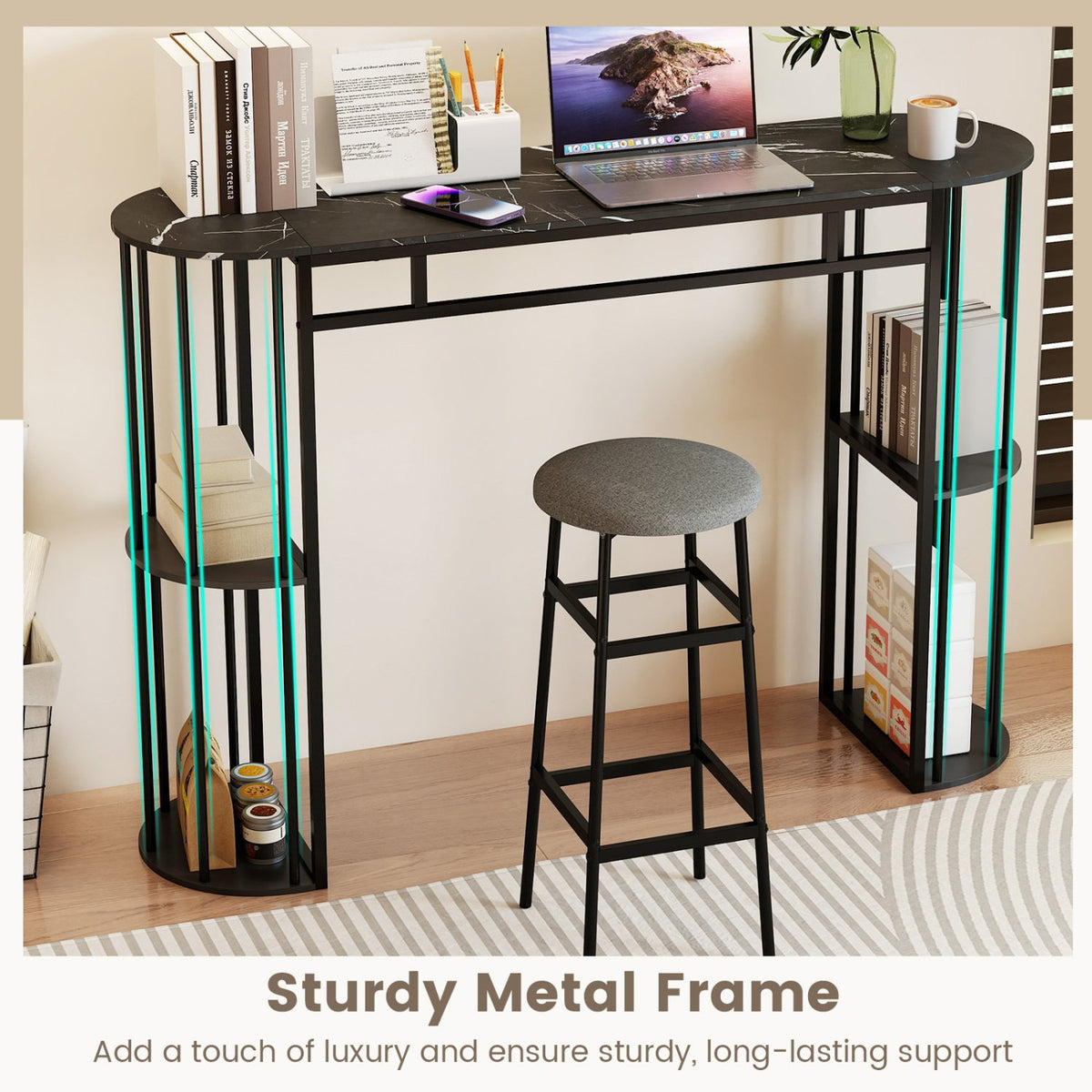 60 Inch Long Bar Table Narrow with Faux Marble Tabletop and Storage Shelves-Black view 9