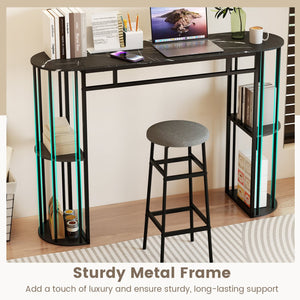 60 Inch Long Bar Table Narrow with Faux Marble Tabletop and Storage Shelves-Black view 9