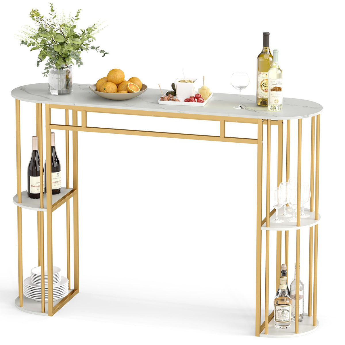 60 Inch Long Bar Table Narrow with Faux Marble Tabletop and Storage Shelves-White