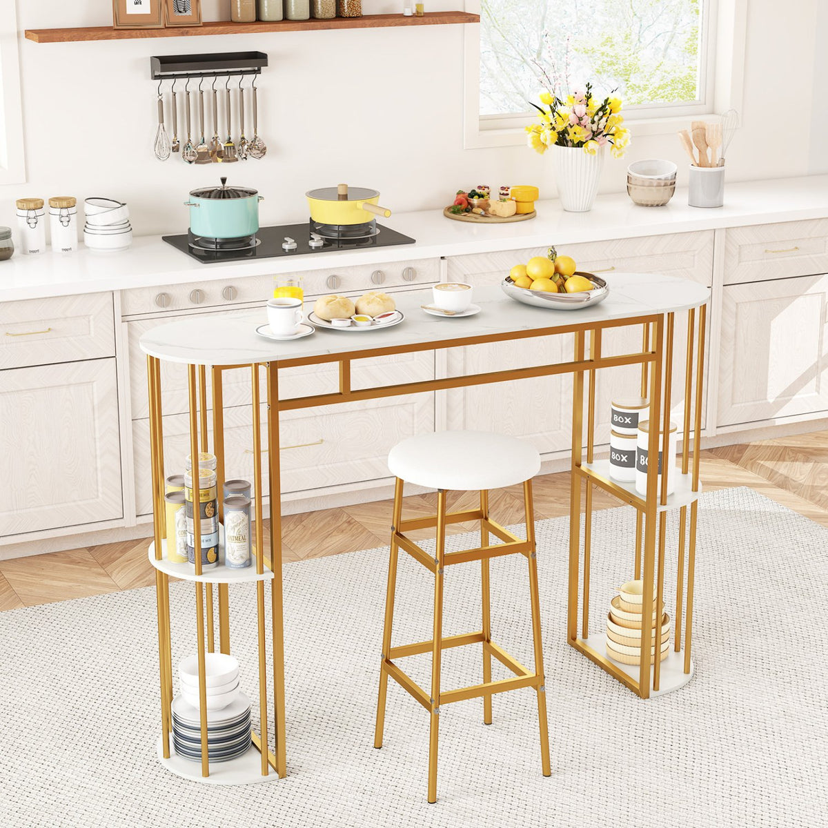 60 Inch Long Bar Table Narrow with Faux Marble Tabletop and Storage Shelves-White view 5