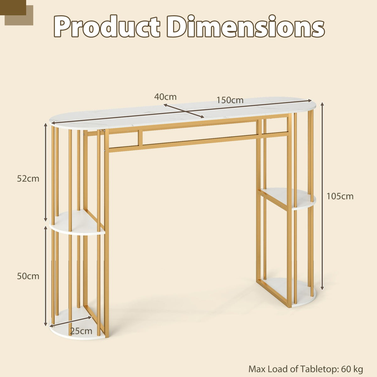 60 Inch Long Bar Table Narrow with Faux Marble Tabletop and Storage Shelves-White view 6