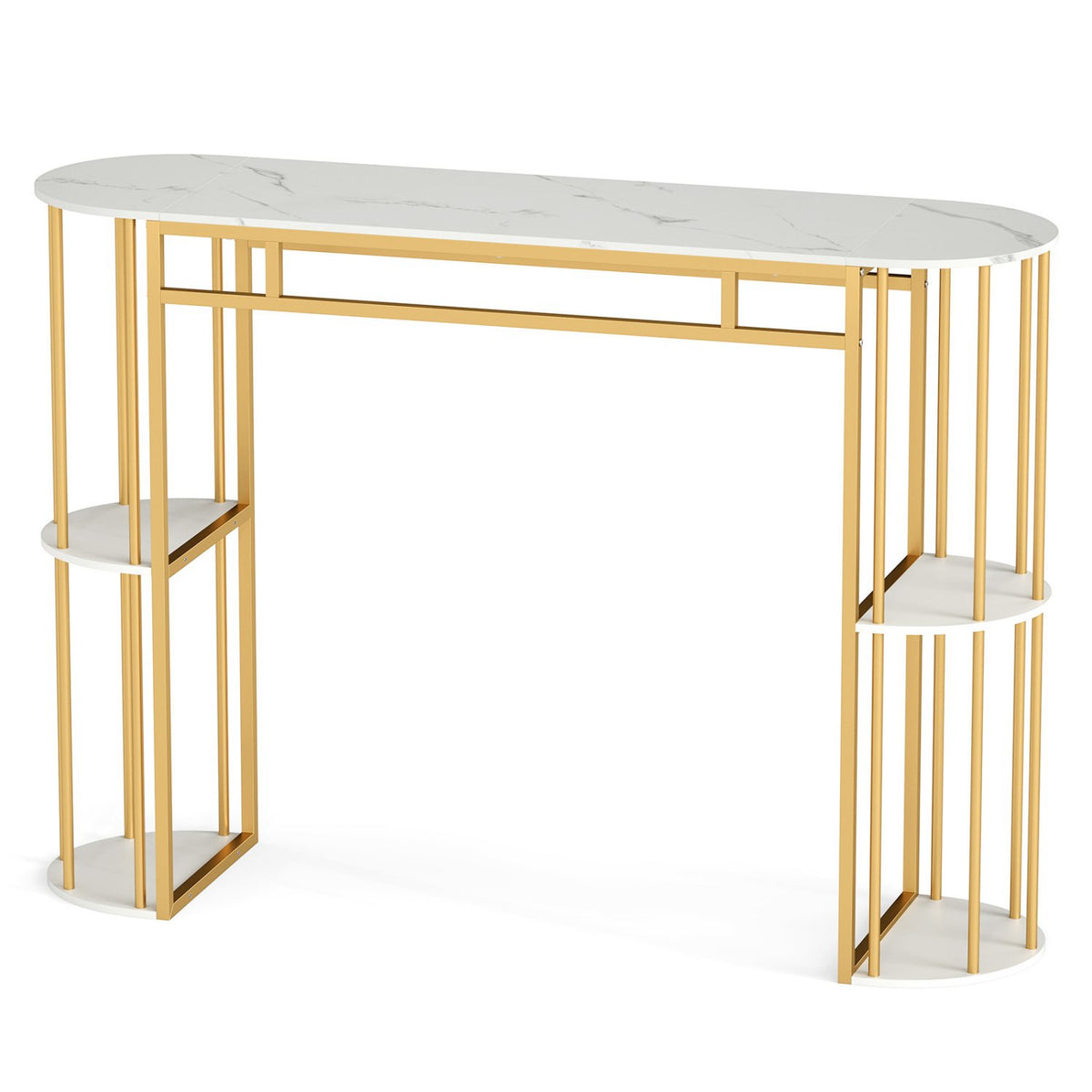60 Inch Long Bar Table Narrow with Faux Marble Tabletop and Storage Shelves-White view 7