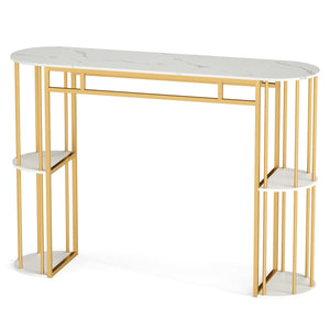 60 Inch Long Bar Table Narrow with Faux Marble Tabletop and Storage Shelves-White view 7