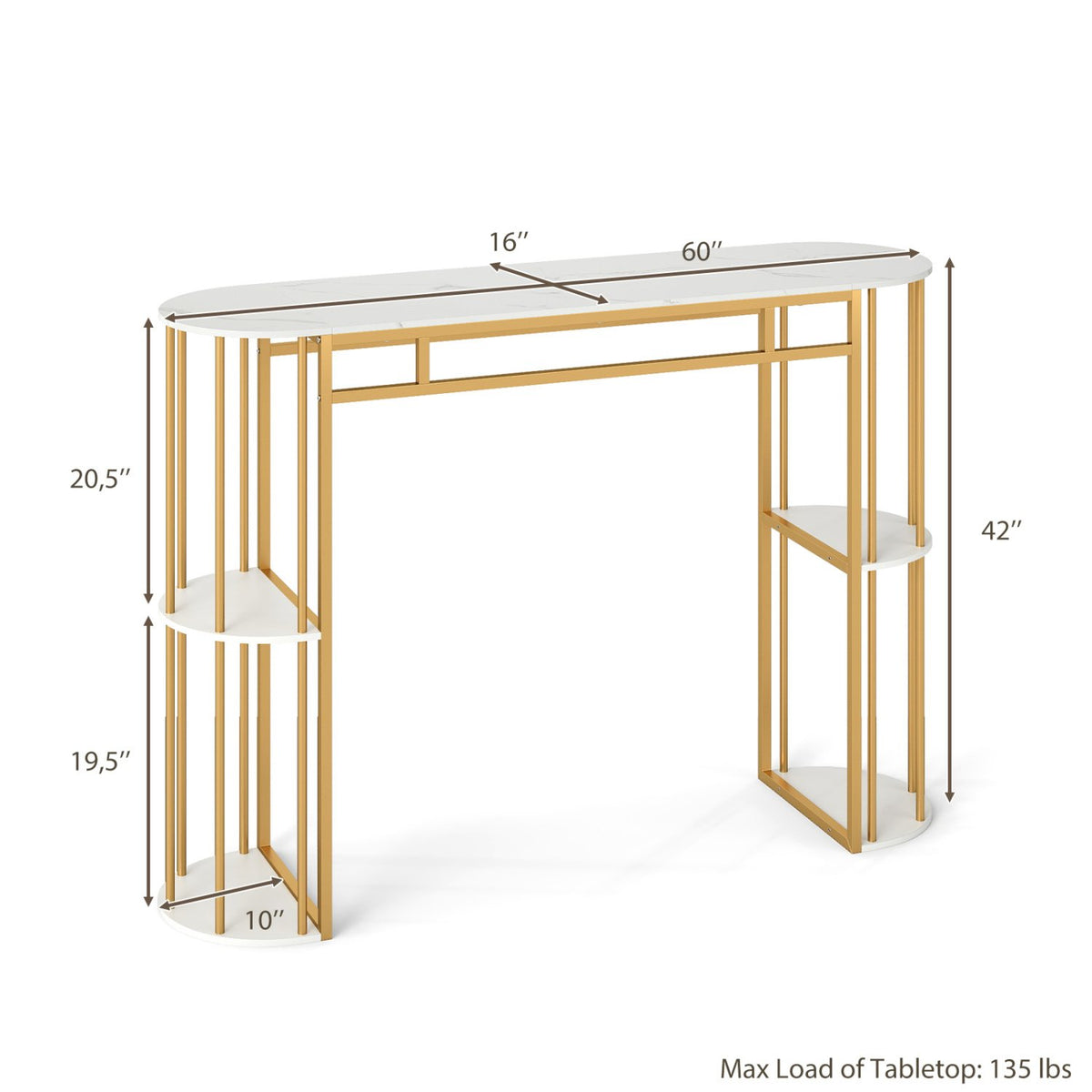 60 Inch Long Bar Table Narrow with Faux Marble Tabletop and Storage Shelves-White view 8