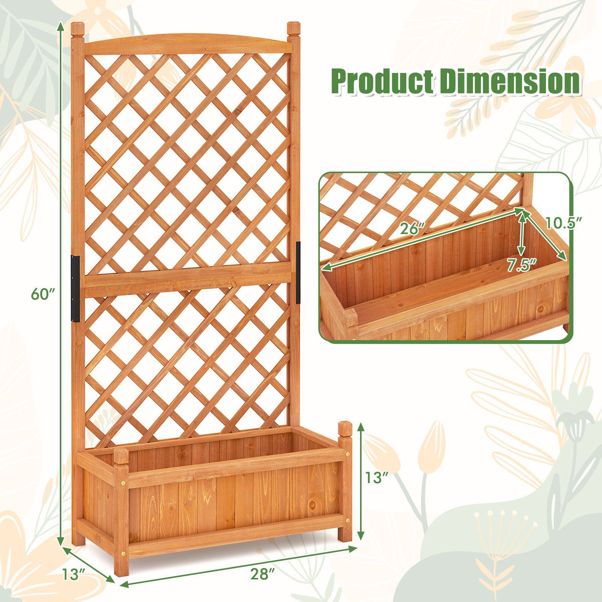 60 Inch Tall Raised Garden Bed with Diamond Lattice Trellis and Drainage Holes-Orange view 5