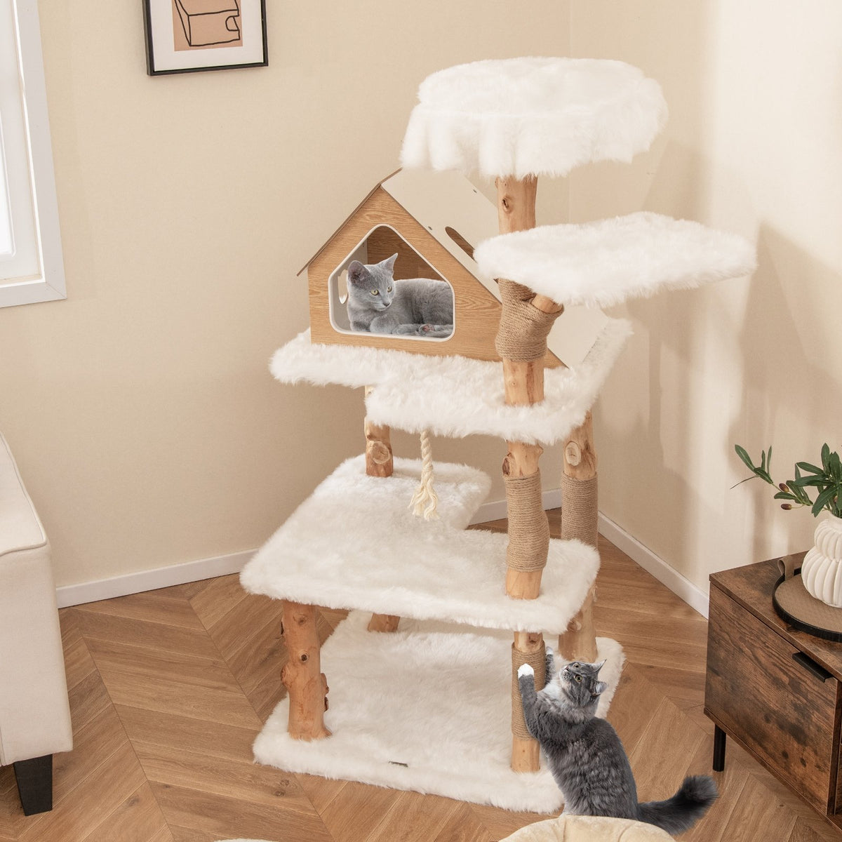 60 Inch Tall Solid Wood Cat Tree Modern Wooden Cat Tower with 2 Perches-White view 3