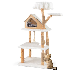 60 Inch Tall Solid Wood Cat Tree Modern Wooden Cat Tower with 2 Perches-White view 4