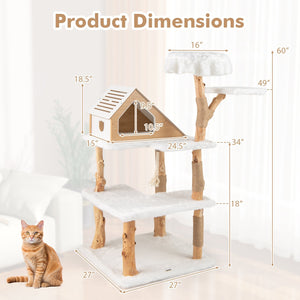 60 Inch Tall Solid Wood Cat Tree Modern Wooden Cat Tower with 2 Perches-White view 5