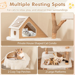 60 Inch Tall Solid Wood Cat Tree Modern Wooden Cat Tower with 2 Perches-White view 7