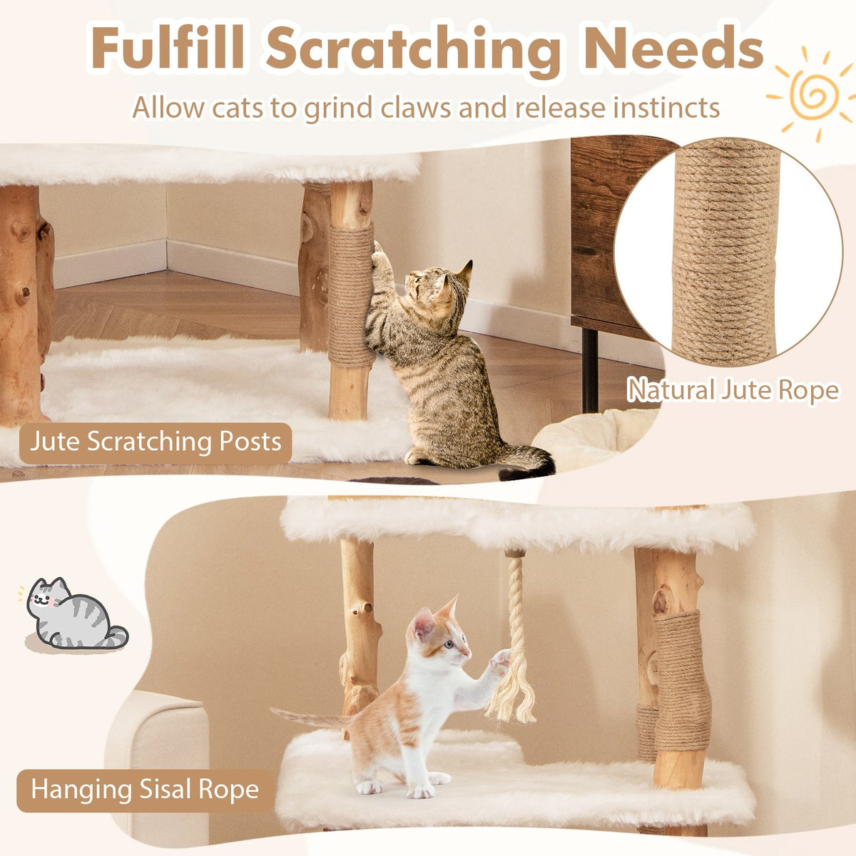 60 Inch Tall Solid Wood Cat Tree Modern Wooden Cat Tower with 2 Perches-White view 8