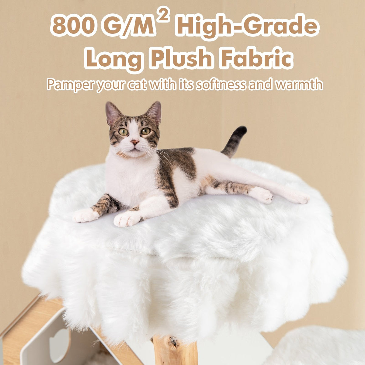 60 Inch Tall Solid Wood Cat Tree Modern Wooden Cat Tower with 2 Perches-White view 9