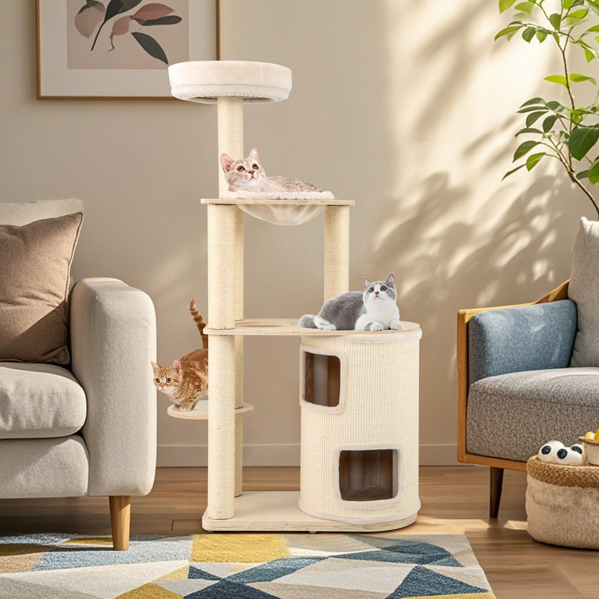 60 Inches Tall Cat Tree with 2-Story Condo and Sisal Scratching Posts-Natural view 2
