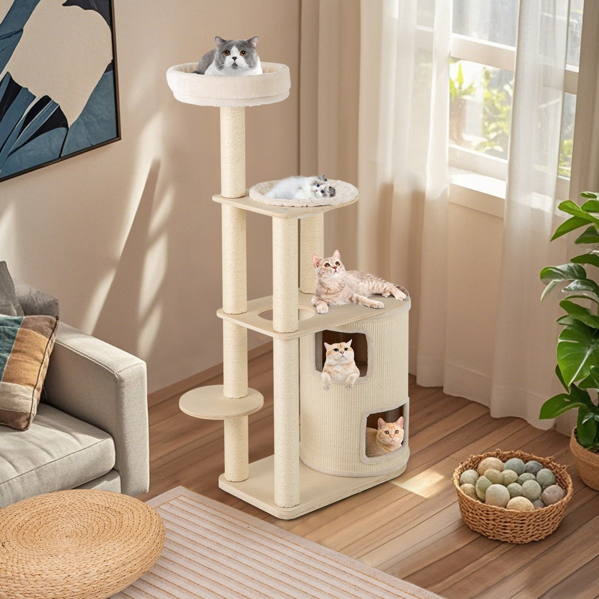 60 Inches Tall Cat Tree with 2-Story Condo and Sisal Scratching Posts-Natural view 3