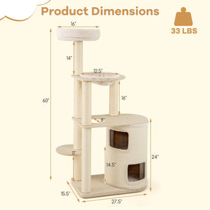 60 Inches Tall Cat Tree with 2-Story Condo and Sisal Scratching Posts-Natural view 5