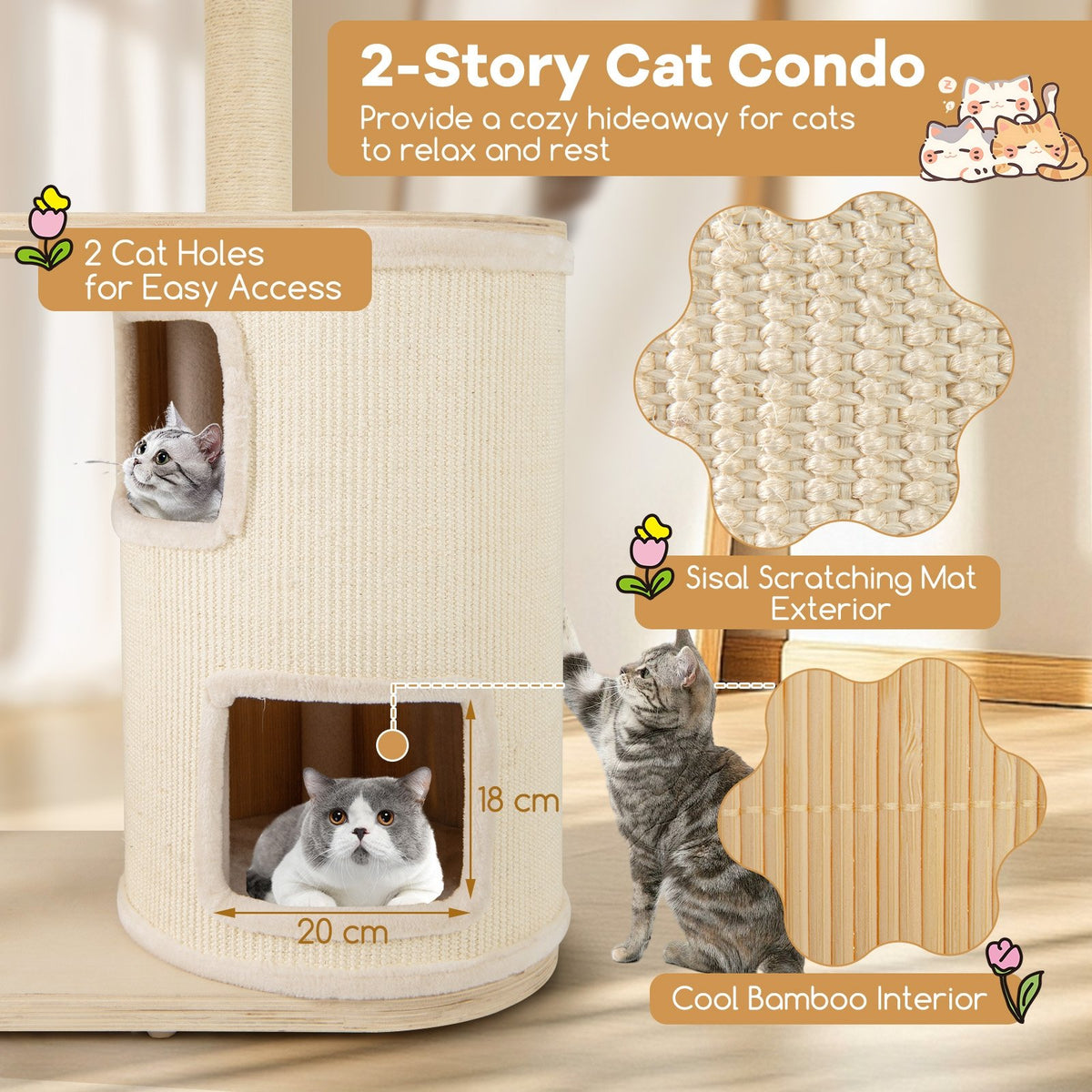 60 Inches Tall Cat Tree with 2-Story Condo and Sisal Scratching Posts-Natural view 6