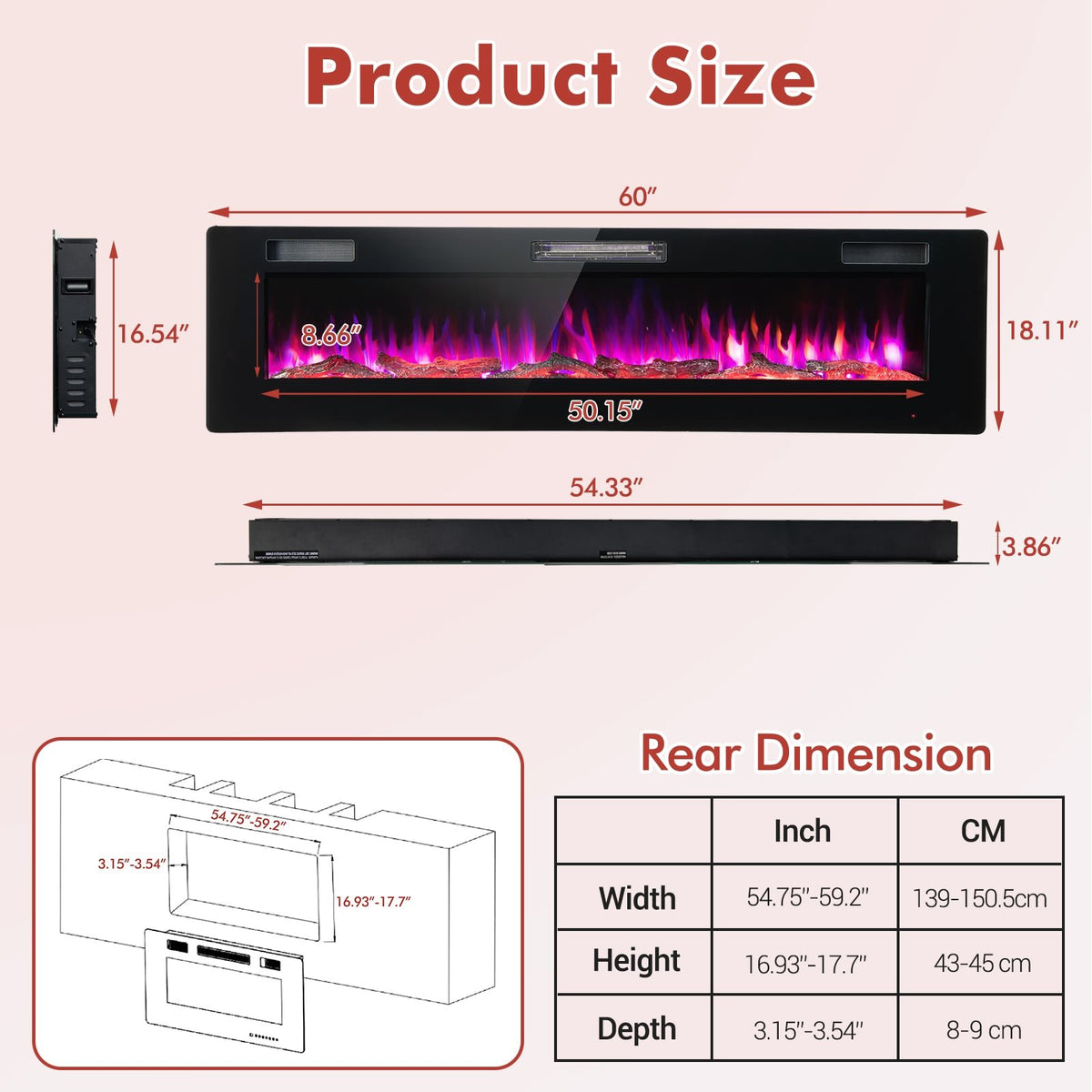 60 Inches Ultra-thin Electric Fireplace with Remote Control and Timer Function view 3