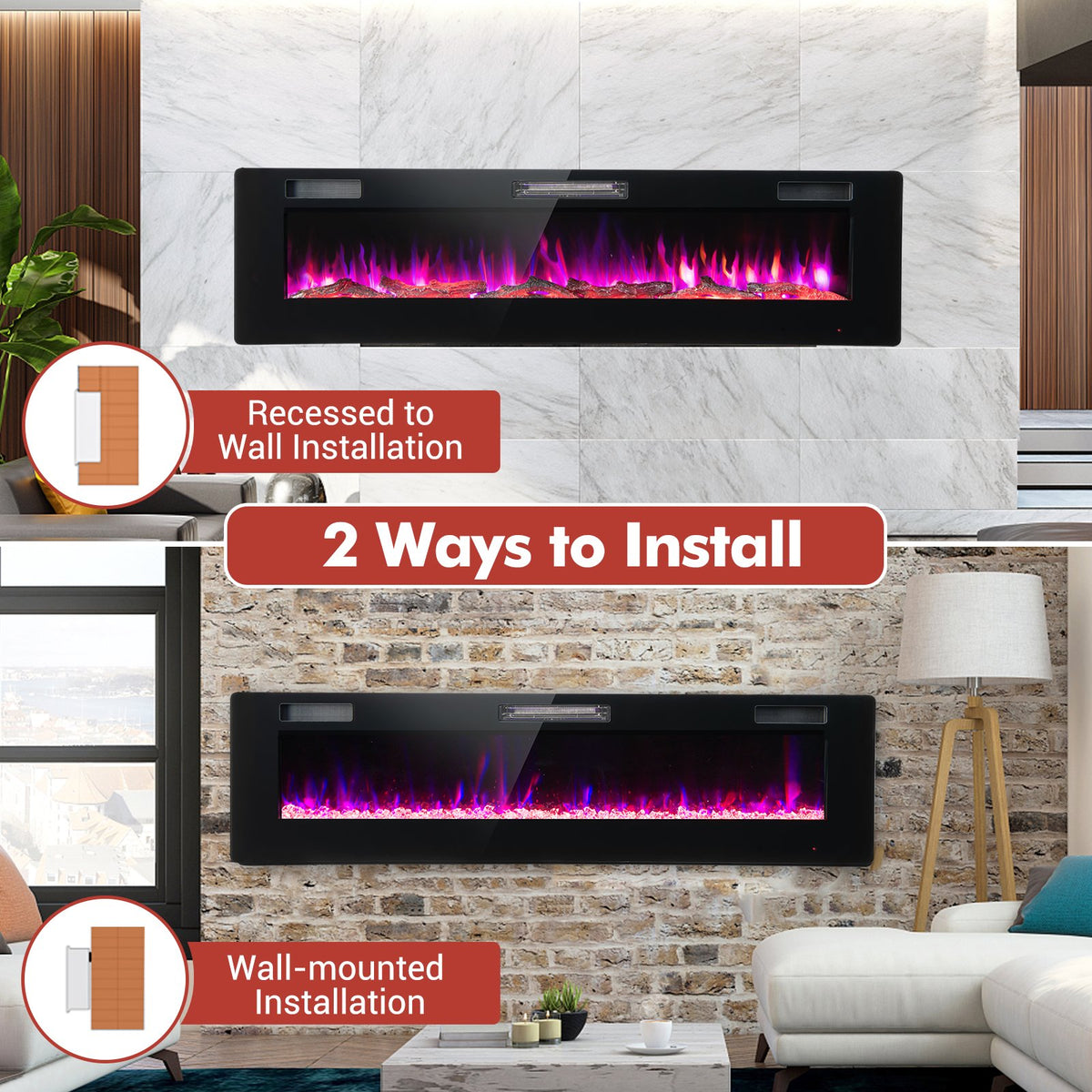 60 Inches Ultra-thin Electric Fireplace with Remote Control and Timer Function view 4