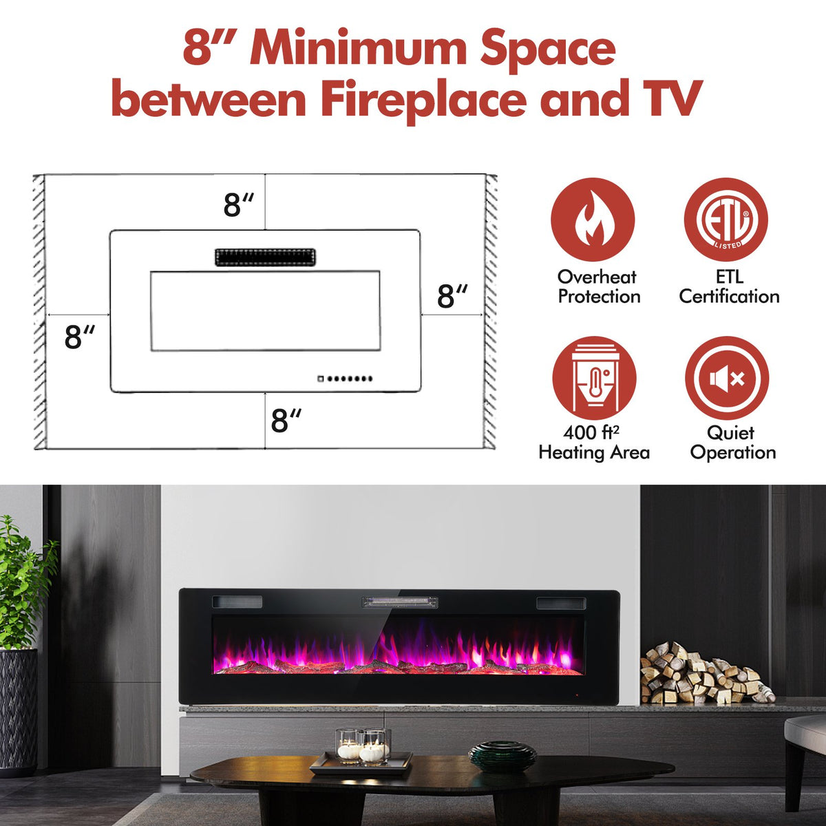 60 Inches Ultra-thin Electric Fireplace with Remote Control and Timer Function view 5