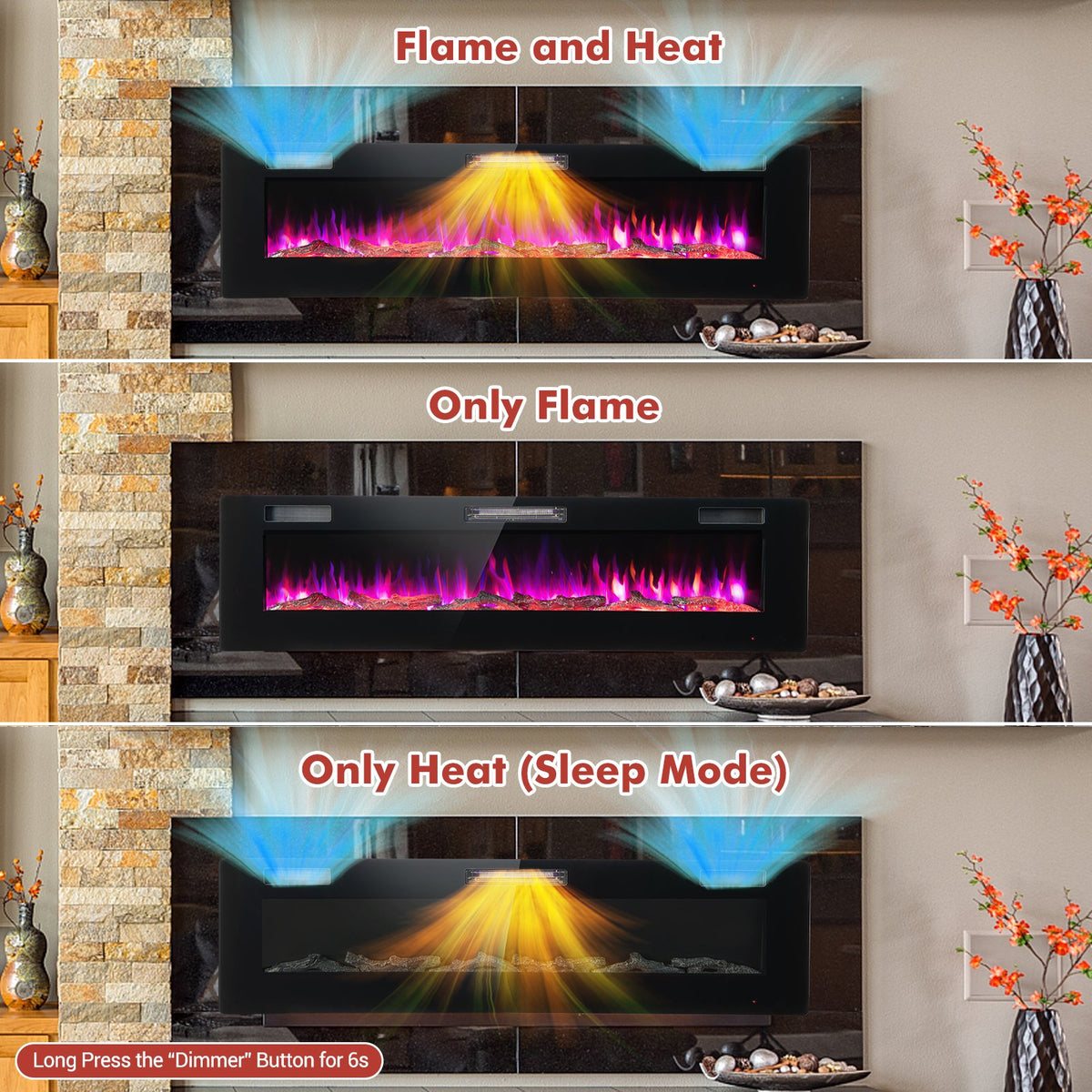 60 Inches Ultra-thin Electric Fireplace with Remote Control and Timer Function view 6