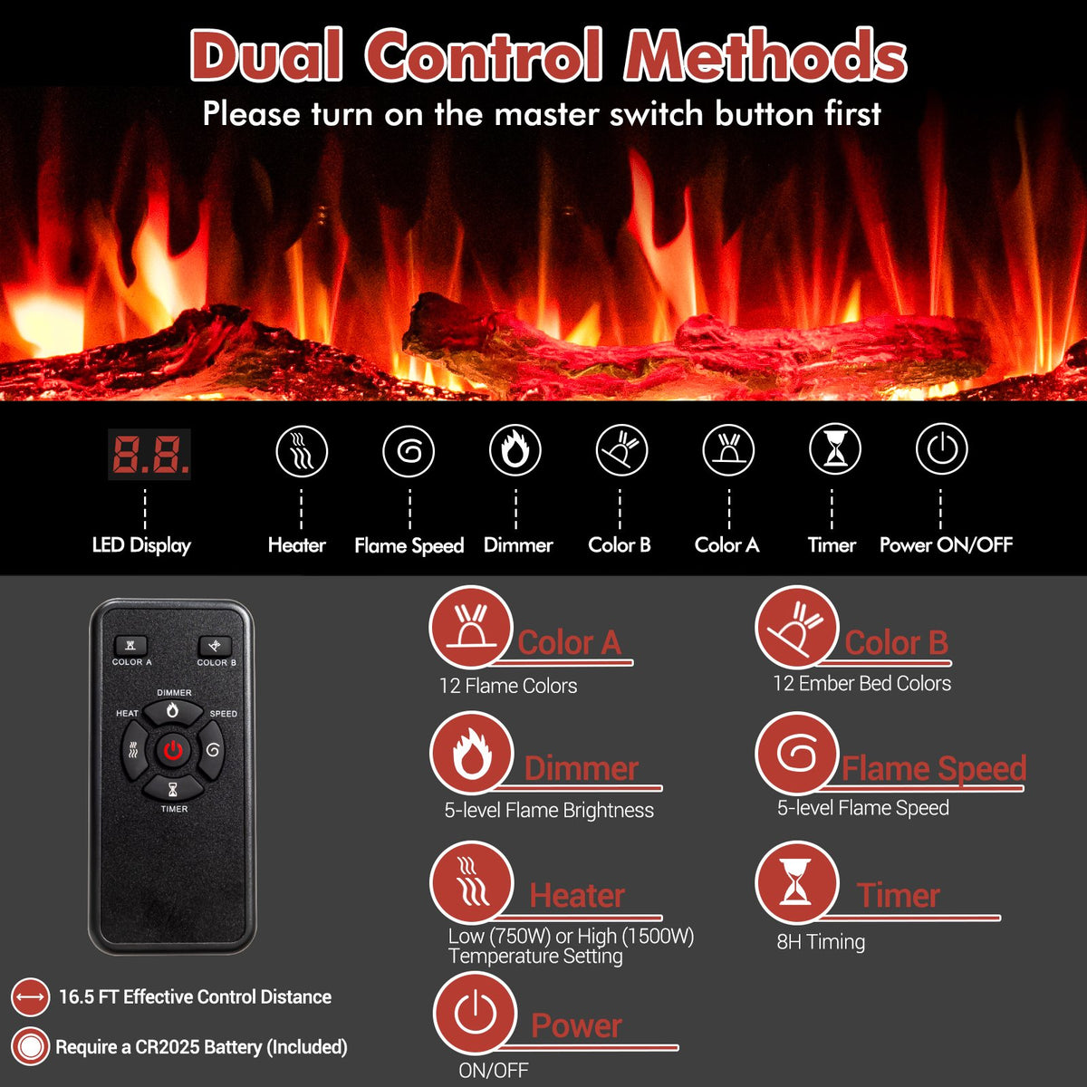 60 Inches Ultra-thin Electric Fireplace with Remote Control and Timer Function view 9