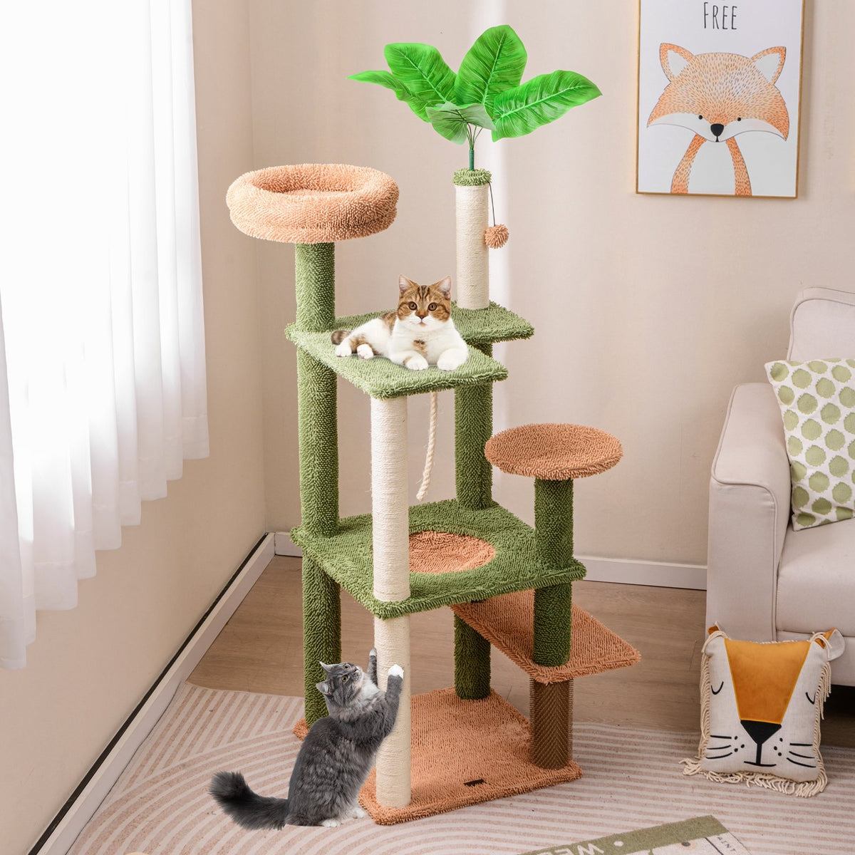 Multilevel Cat Tree with Scratching Posts and Rope Plush Perch Toy Bed-Green view 2