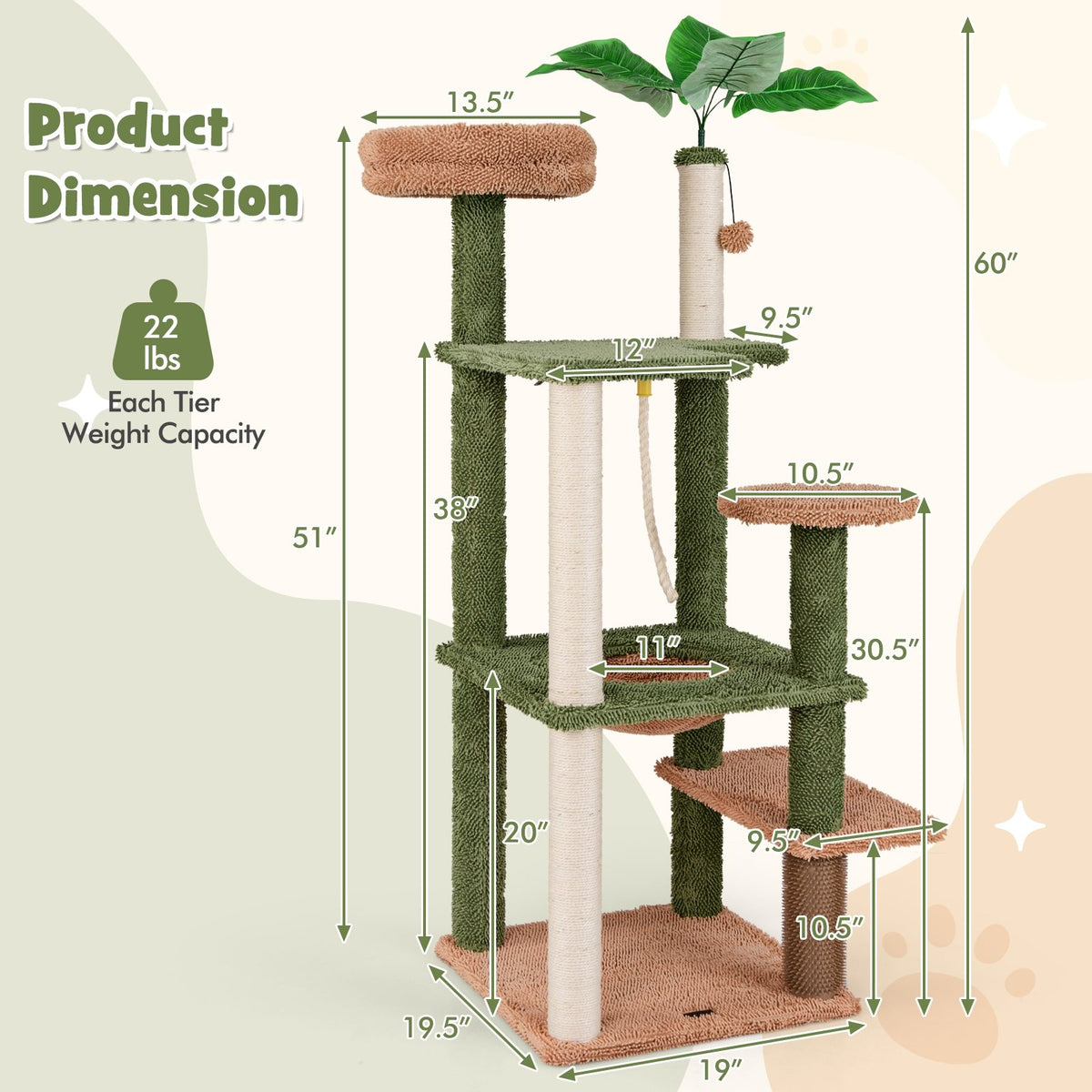 Multilevel Cat Tree with Scratching Posts and Rope Plush Perch Toy Bed-Green view 5