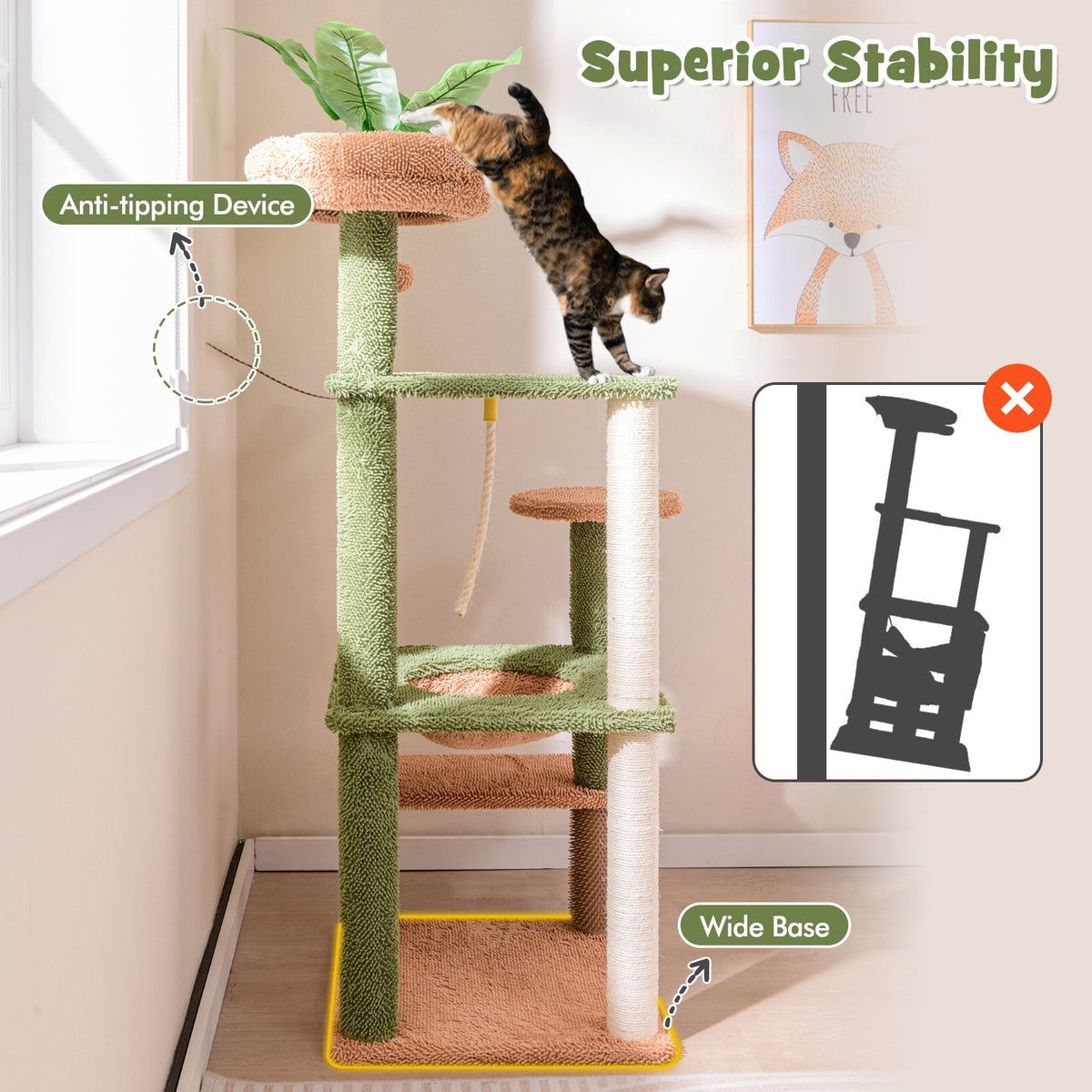 Multilevel Cat Tree with Scratching Posts and Rope Plush Perch Toy Bed-Green view 6