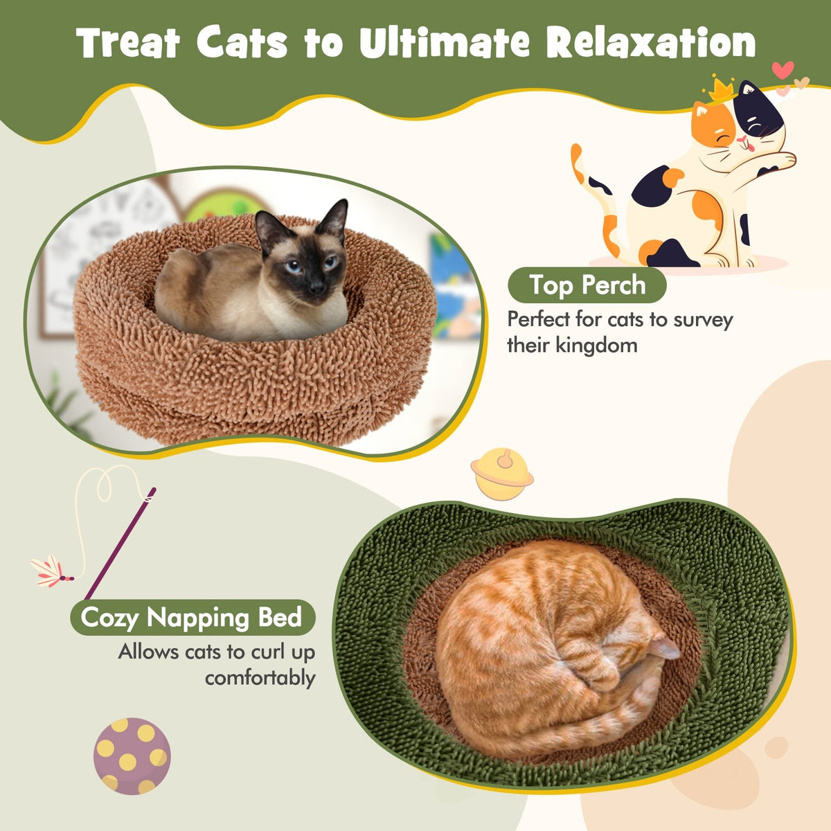 Multilevel Cat Tree with Scratching Posts and Rope Plush Perch Toy Bed-Green view 8
