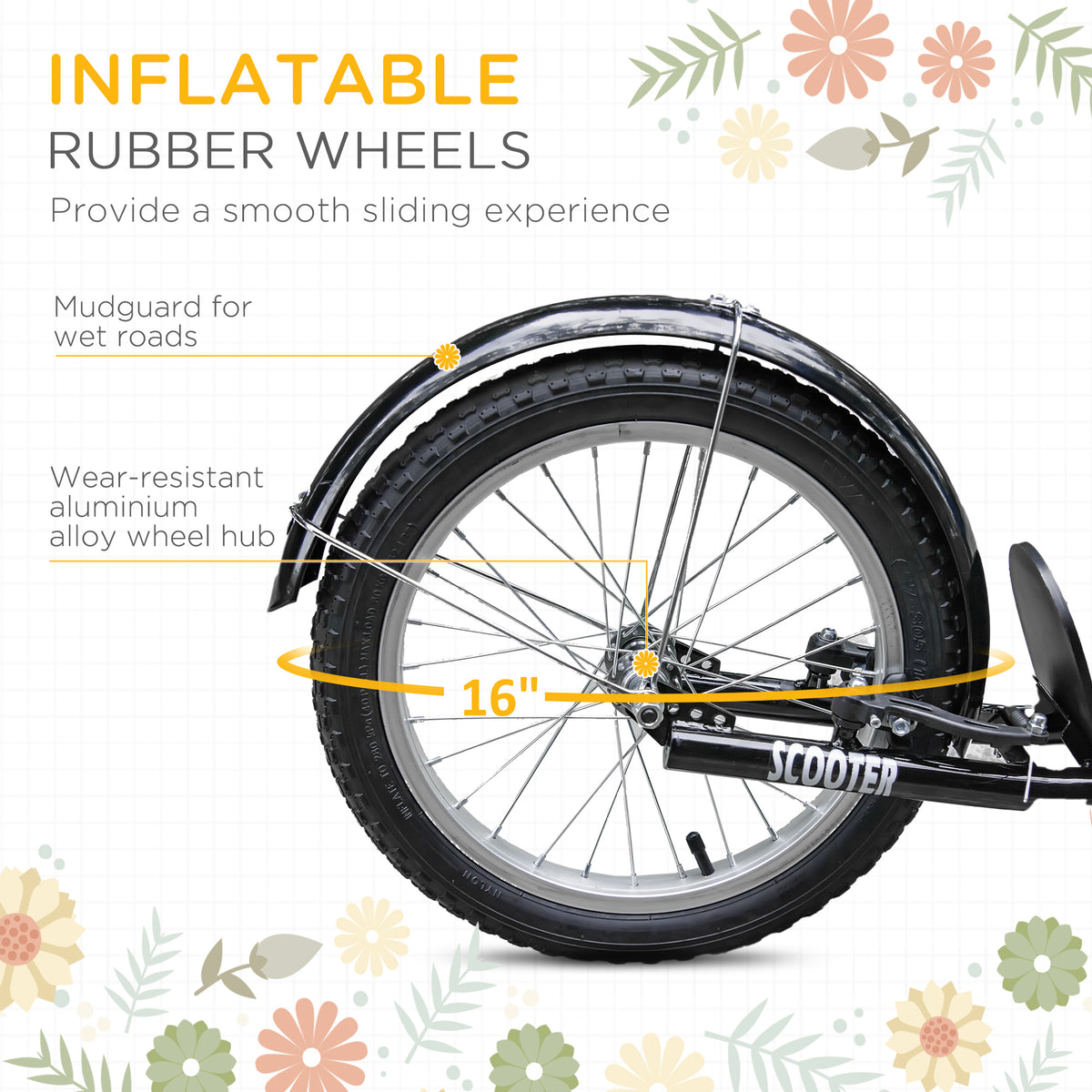 Aosom Kick Scooter with Adjustable Handlebar, Kids Scooter with 2 Brakes Basket Cupholder 16" Inflatable Rubber Tyres
