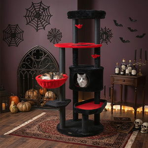 60 inches Gothic Cat Tower with Plush Perch and Spider Hanging Toys for Black Halloween-Red view 3