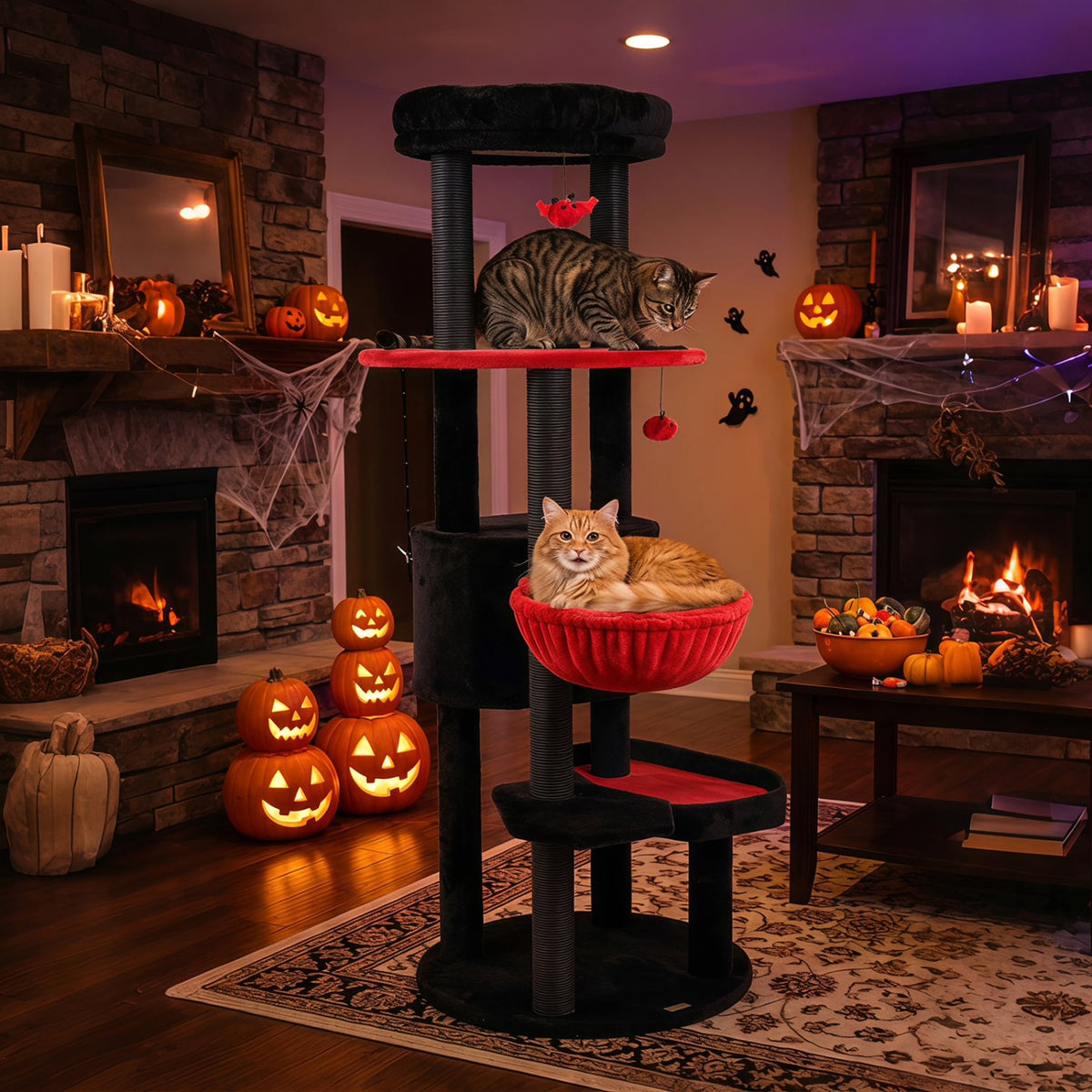 60 inches Gothic Cat Tower with Plush Perch and Spider Hanging Toys for Black Halloween-Red view 2