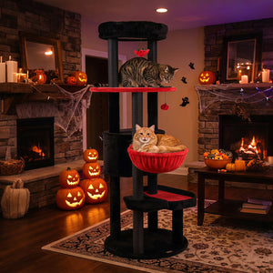 60 inches Gothic Cat Tower with Plush Perch and Spider Hanging Toys for Black Halloween-Red view 2