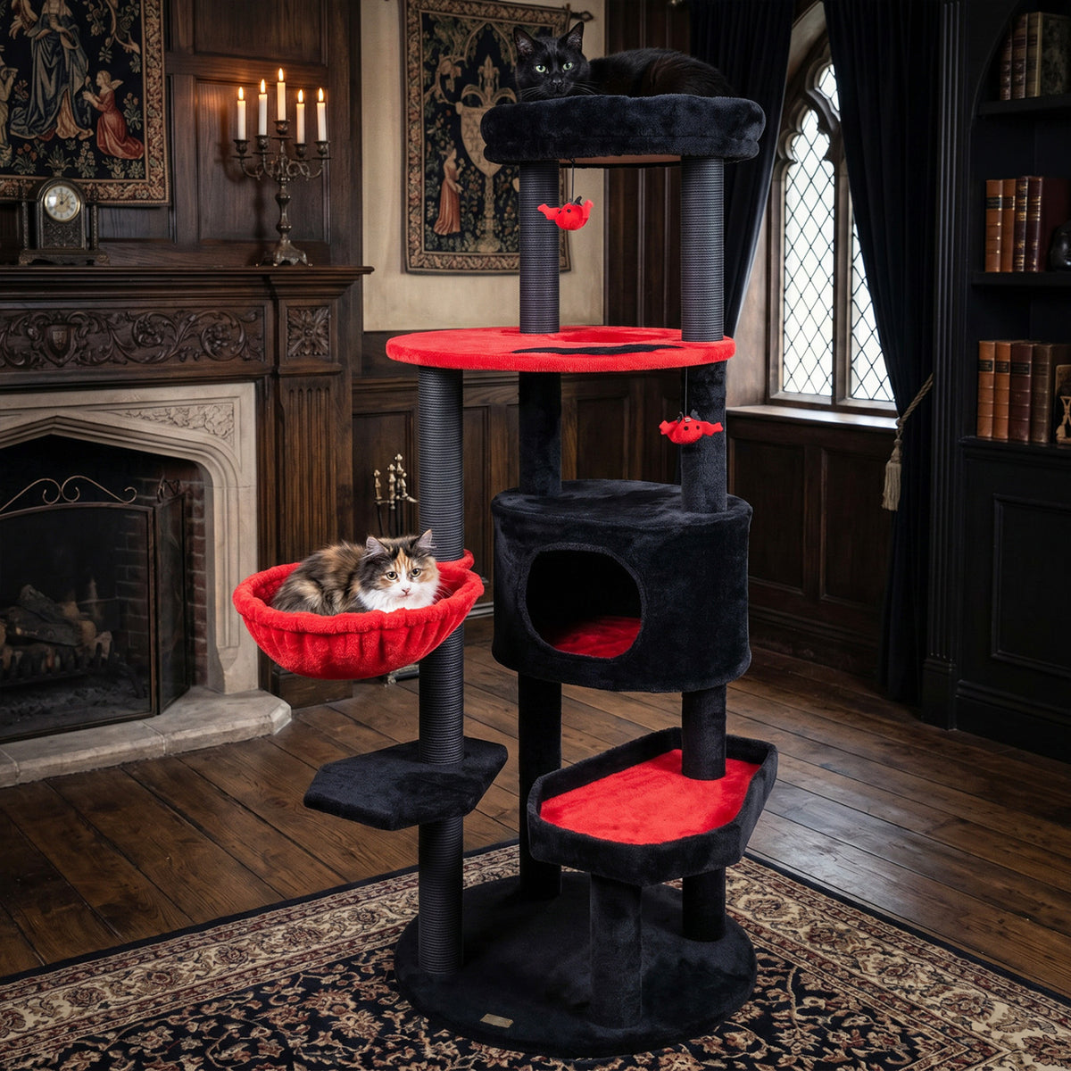 60 inches Gothic Cat Tower with Plush Perch and Spider Hanging Toys for Black Halloween-Red view 6
